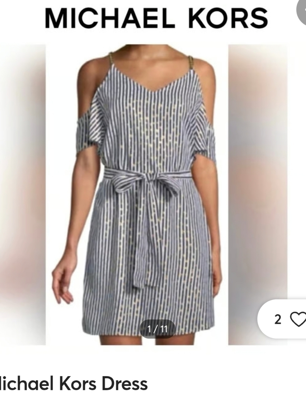 Michael Kors Blue and White Striped Cold-Shoulder Dress with Tie Waist